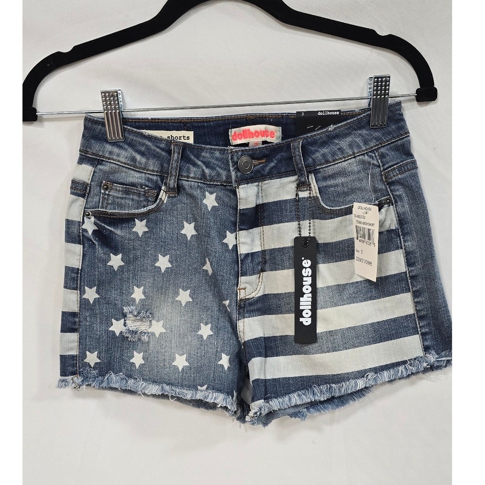 Dollhouse juniors 3‎ hi-rise Texas wash jean shorts American flag festival